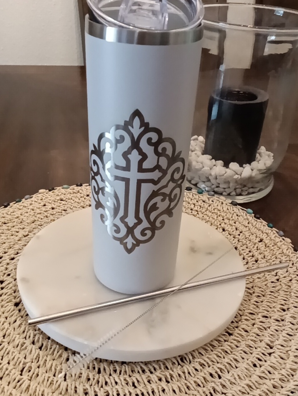 Engraved By Us Bluemoon.   Matte White Stainless Travel Tumbler w Silver Cross.